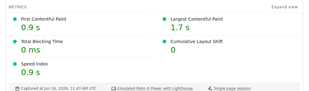 PageSpeed Insights metric cards for Core Web Vitals and lab performance data