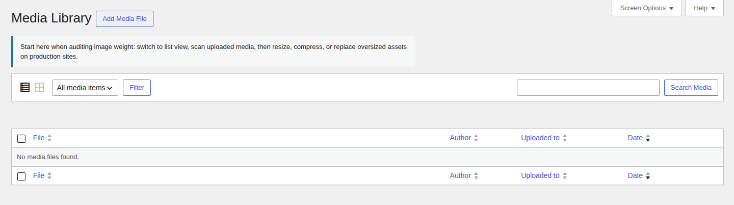 WordPress Media Library list for auditing heavy image uploads