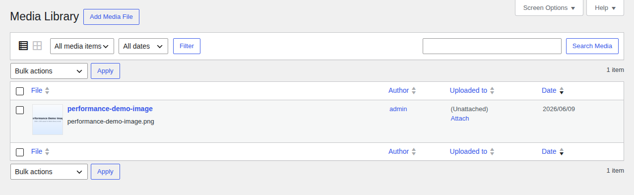 WordPress Media Library list view for reviewing uploaded image files