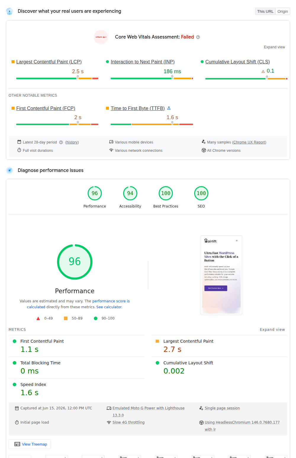 PageSpeed Insights field data and lab data sections