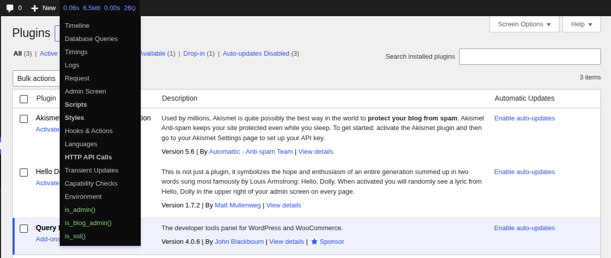 Query Monitor menu entries for scripts styles and HTTP API calls in wp-admin