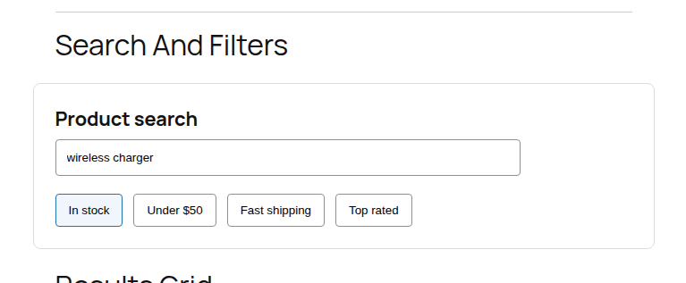 Search and filter controls on a WordPress demo page