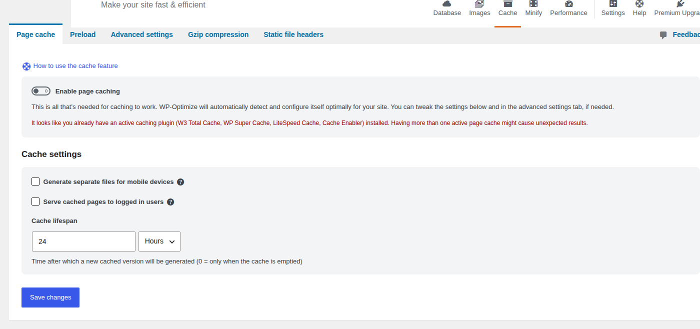 WP-Optimize cache interface with page cache and minify tabs