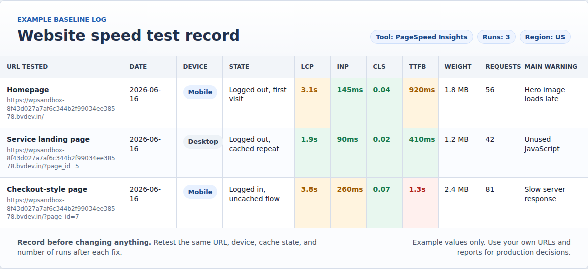 Example website speed baseline log with URL device metrics and warnings