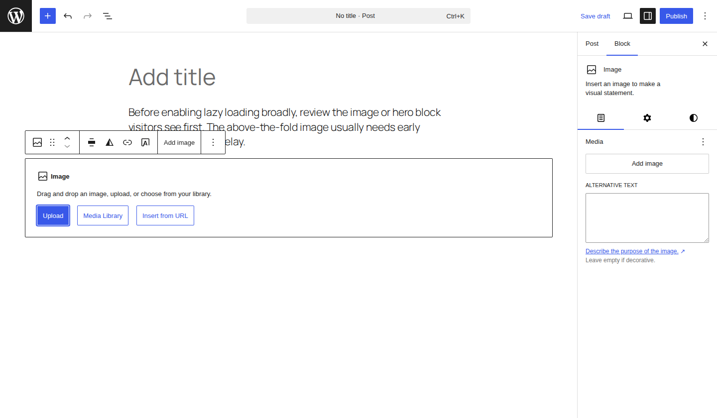 WordPress block editor showing above-the-fold image context
