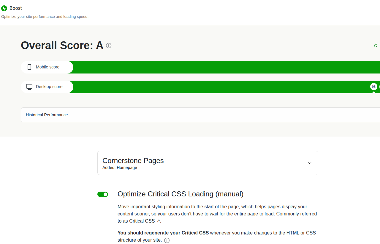 Jetpack Boost dashboard focused on Core Web Vitals modules