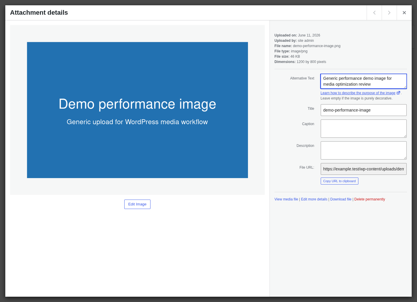 WordPress media attachment details showing image size and alt text