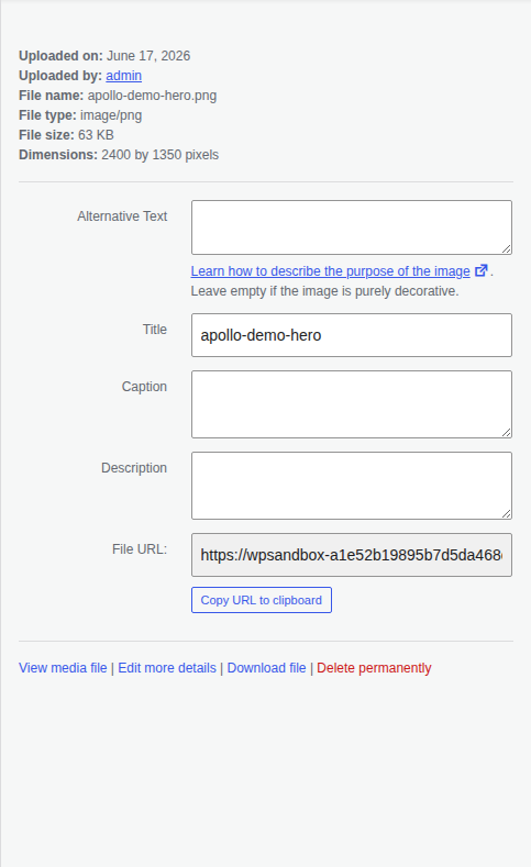 WordPress Media Library image details with dimensions