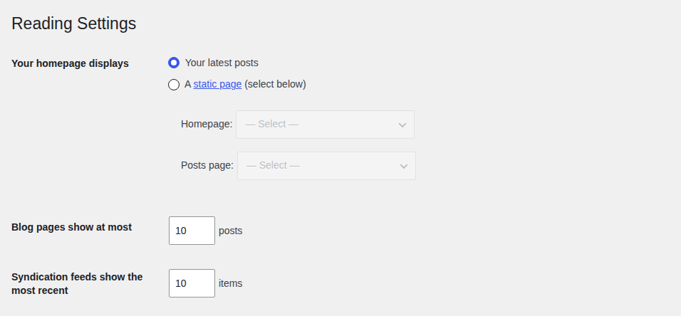 WordPress Reading settings showing archive page size controls