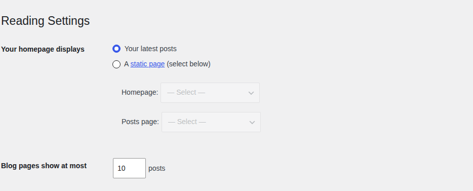WordPress Reading Settings screen for public page cache planning