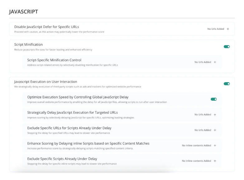 AirLift optimization controls for WordPress performance settings