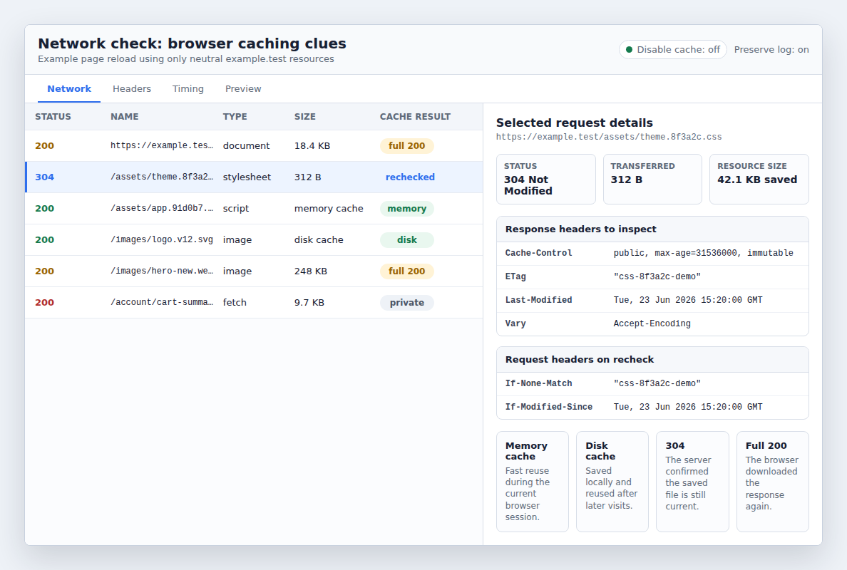 DevTools-style cache verification view highlighting Cache-Control, 304 responses, memory cache, disk cache, and full downloads