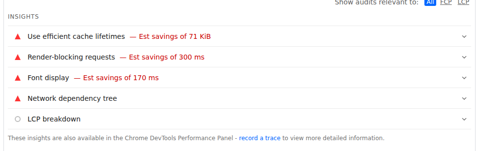 PageSpeed Insights diagnostics panel with performance warnings below the metrics