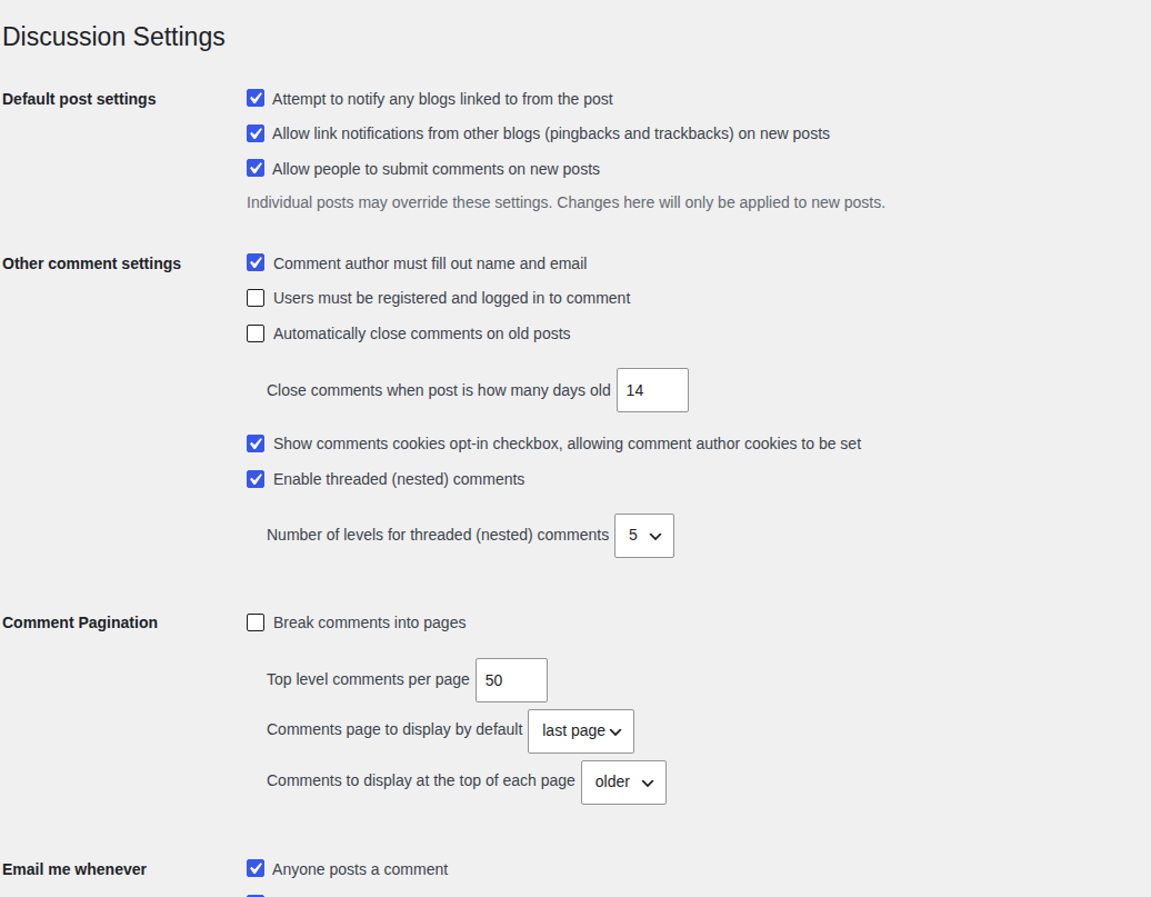 WordPress Discussion settings for comment pagination and pingback controls