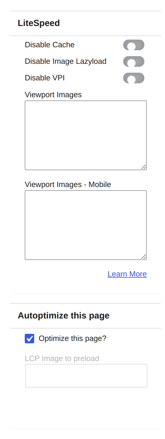 Post editor showing per-page performance plugin controls