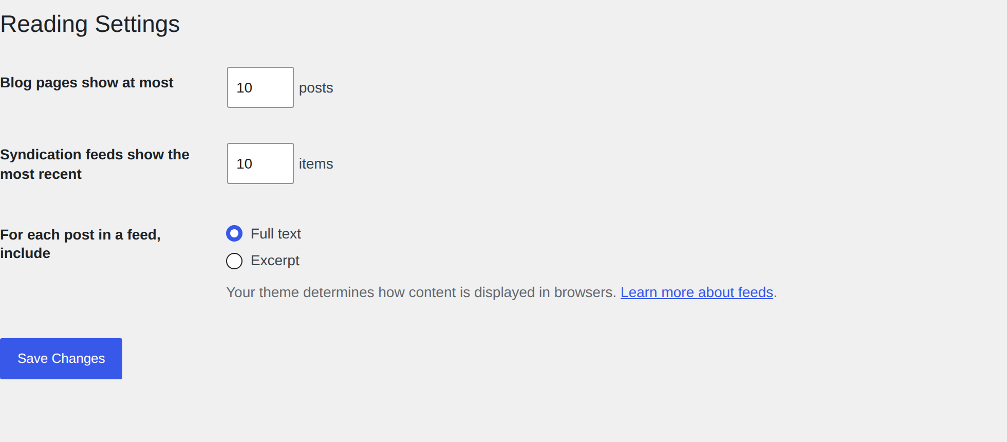 WordPress Reading settings for using summaries on archive and feed pages