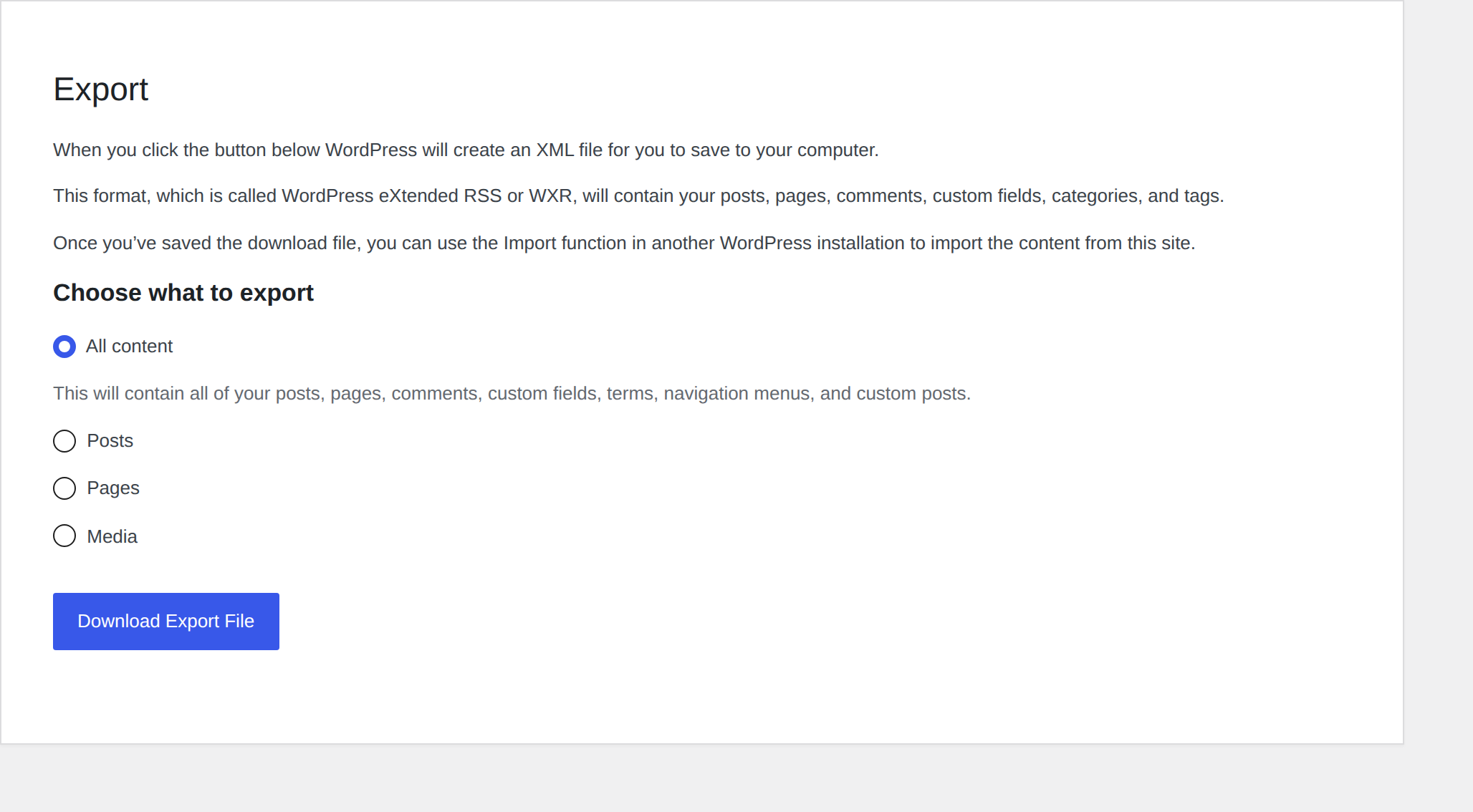 WordPress export screen as backup context before database cleanup