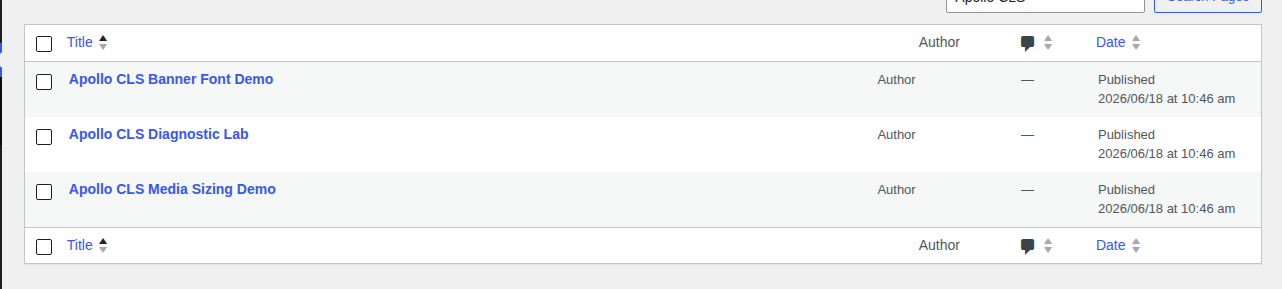 WordPress page list showing multiple CLS test pages