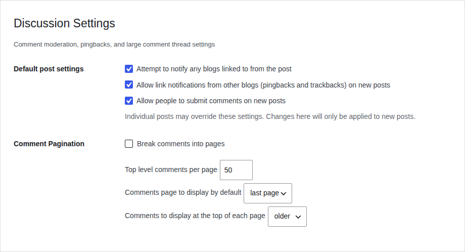 WordPress Discussion settings for comment pagination and pingback controls