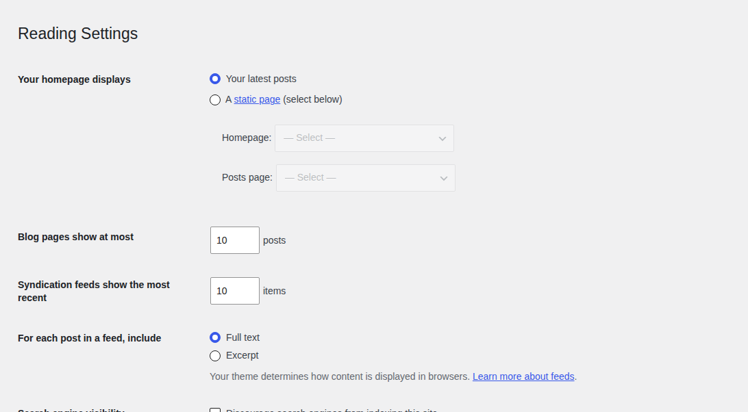 WordPress Reading settings with page and feed display controls