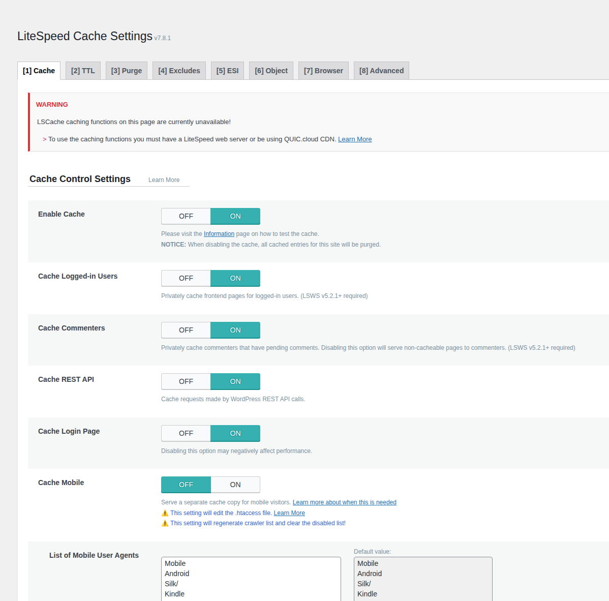 LiteSpeed Cache settings showing an LSCache availability warning