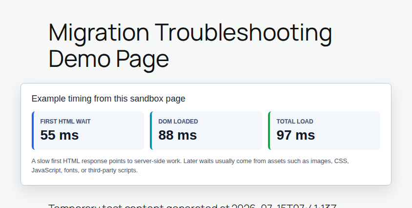 Example timing panel showing first HTML response and total page load after migration