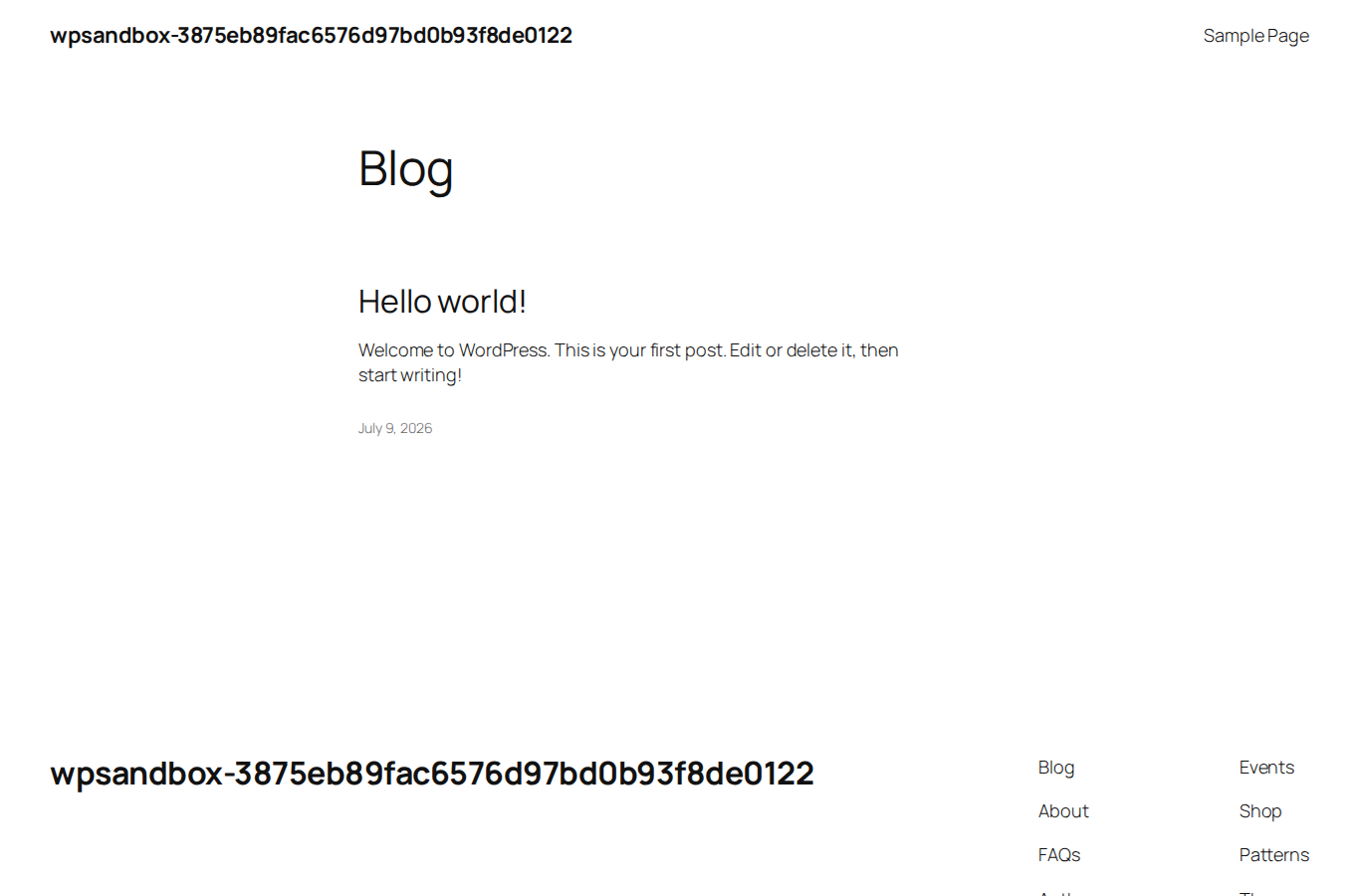 Logged-out WordPress homepage used as the public baseline test