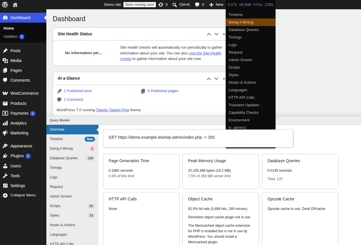 Query Monitor timing and memory details in the WordPress admin bar