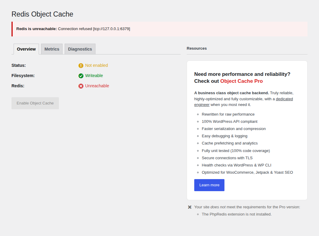 Redis Object Cache overview showing Redis as unreachable in WordPress