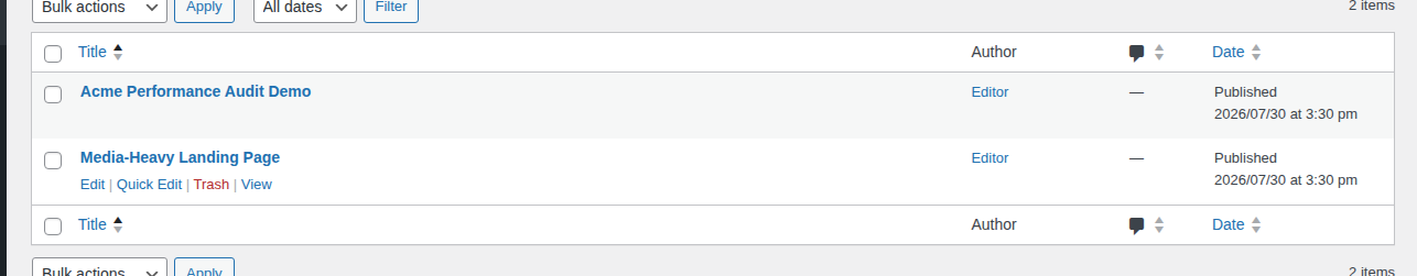 WordPress Pages list showing representative audit pages