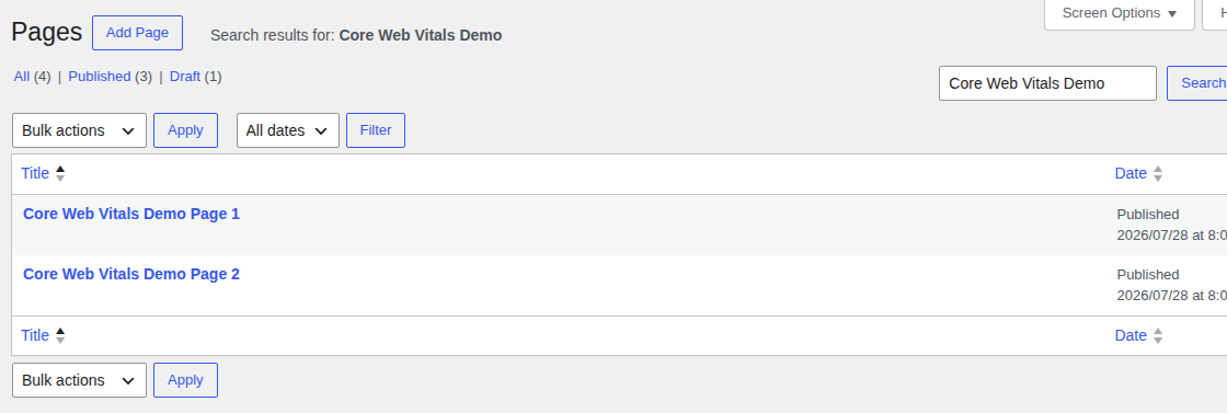 WordPress Pages list showing multiple Core Web Vitals demo pages to measure