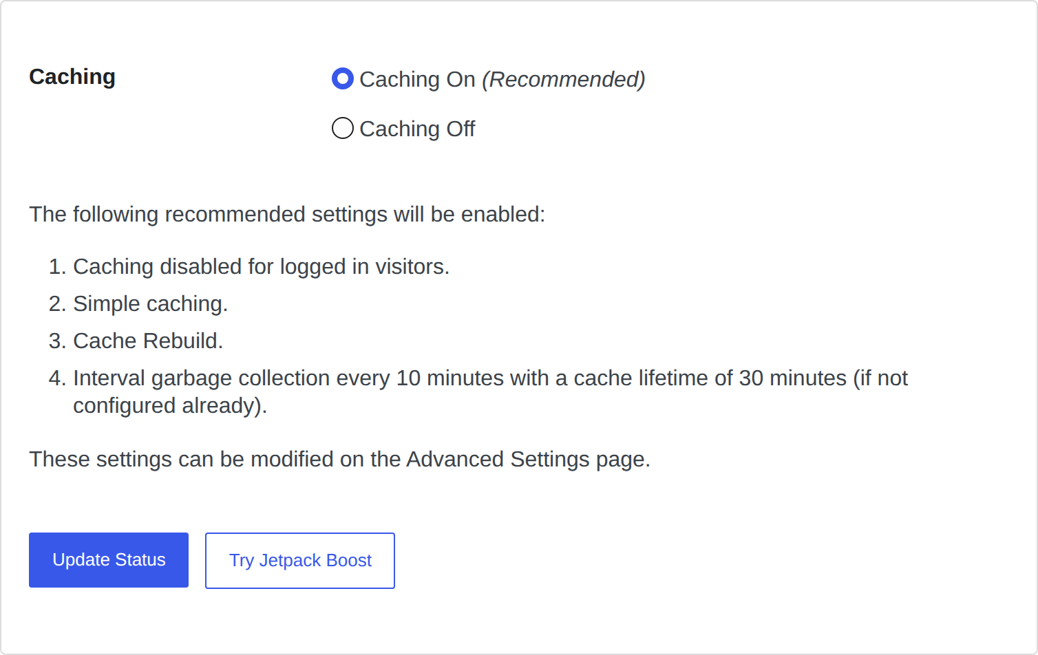 WP Super Cache Easy tab with page caching enabled