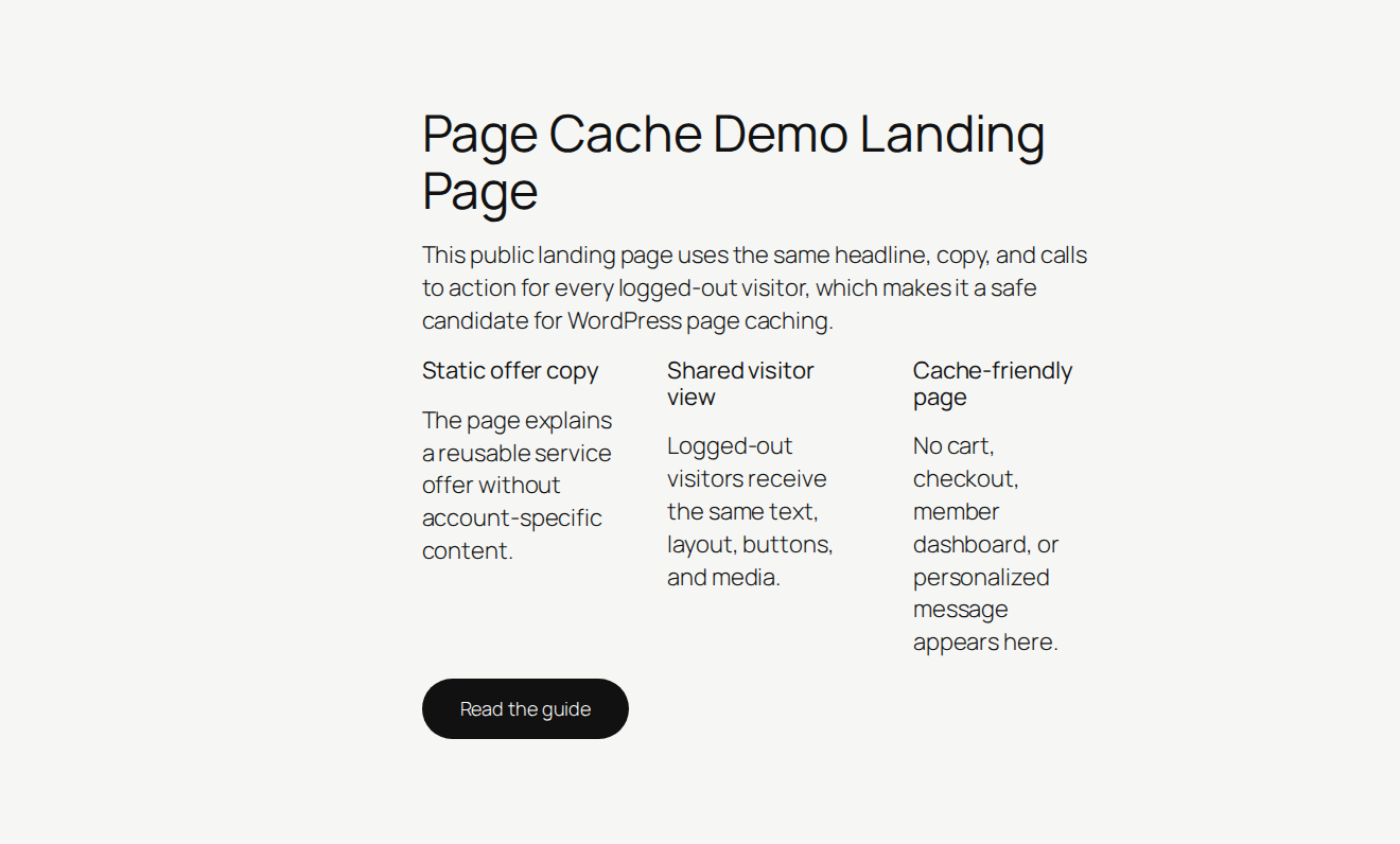 Public WordPress landing page suitable for page caching