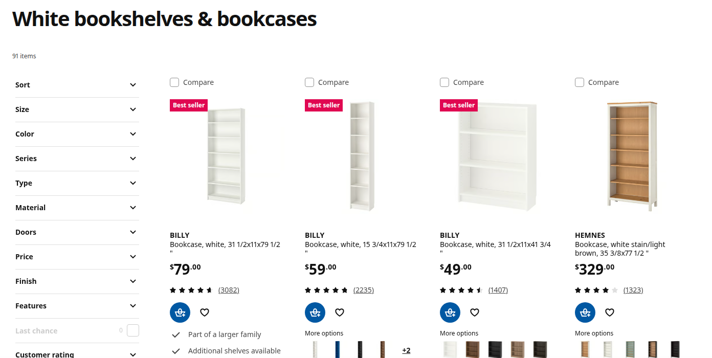 Product listing page with filters and product cards
