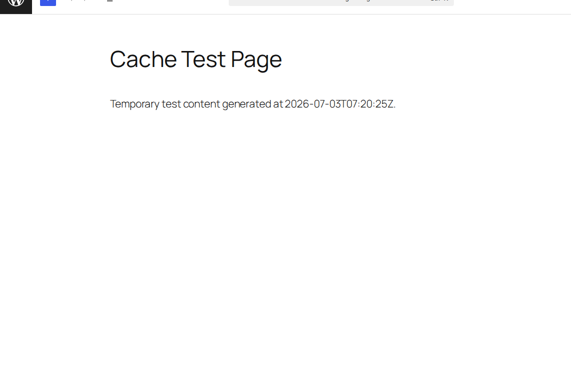 WordPress editor showing an updated cache test page