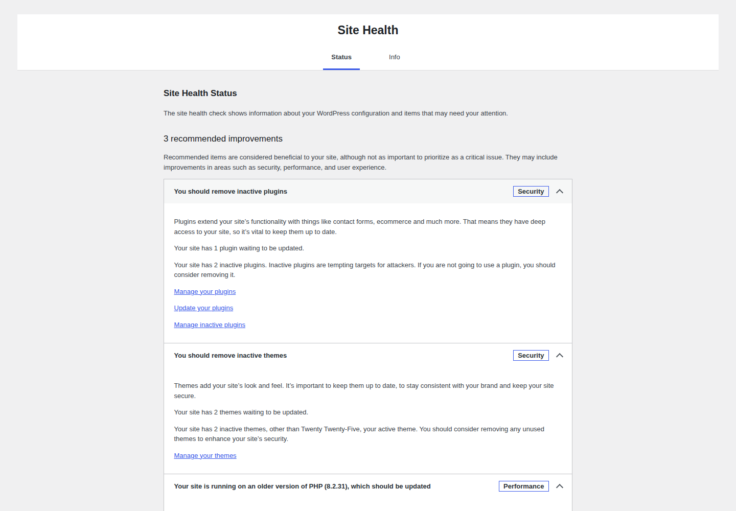 WordPress Site Health persistent object cache check