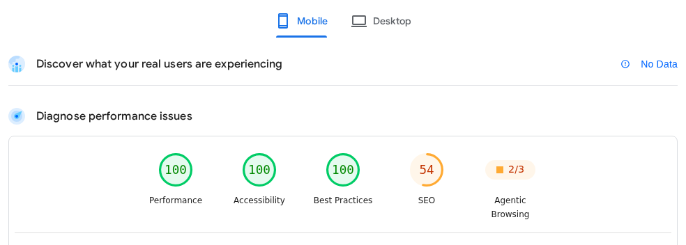 PageSpeed Insights showing field data and Lighthouse lab score separately