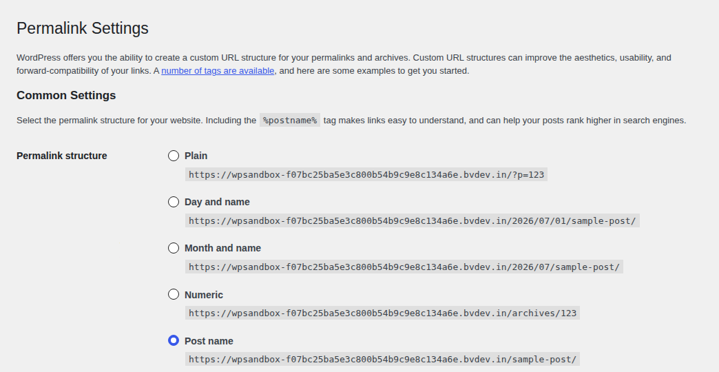 WordPress permalink settings with the Post name structure selected
