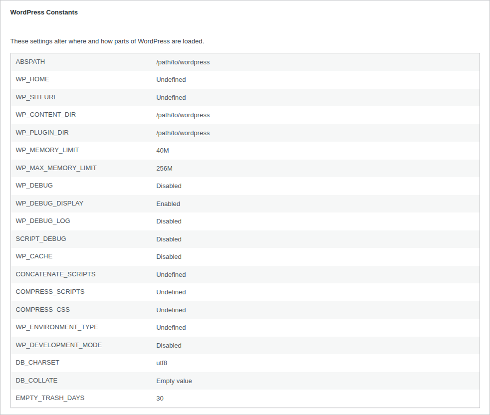 WordPress Site Health Info tab for cache verification