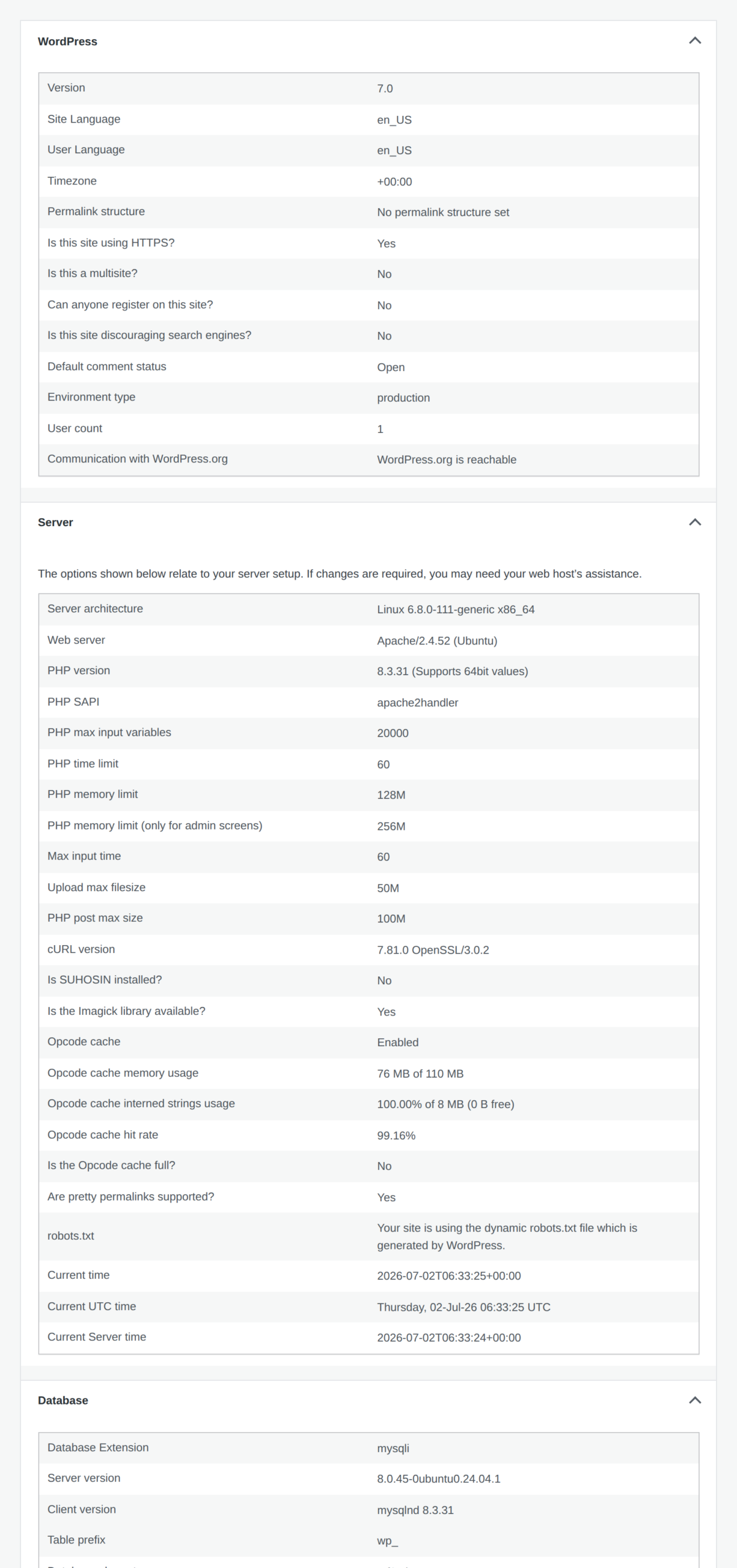 Site Health Info showing WordPress, PHP, server, and database details