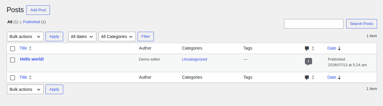 WordPress admin screen showing dynamic content