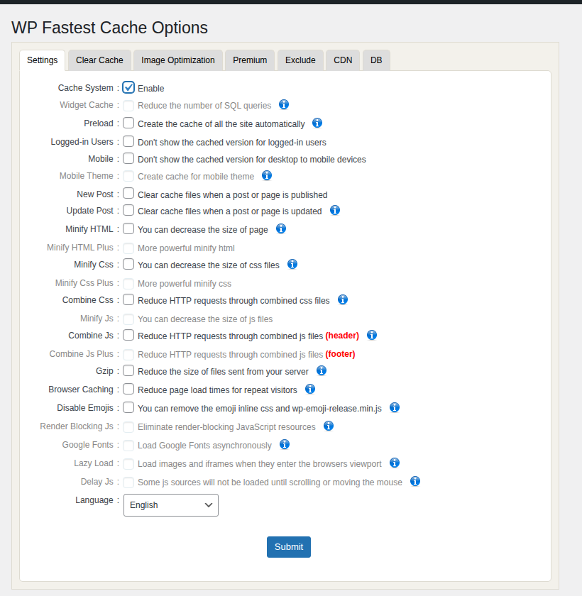 WordPress cache plugin settings with page caching enabled