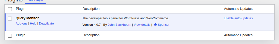 Query Monitor showing database work inside WordPress admin