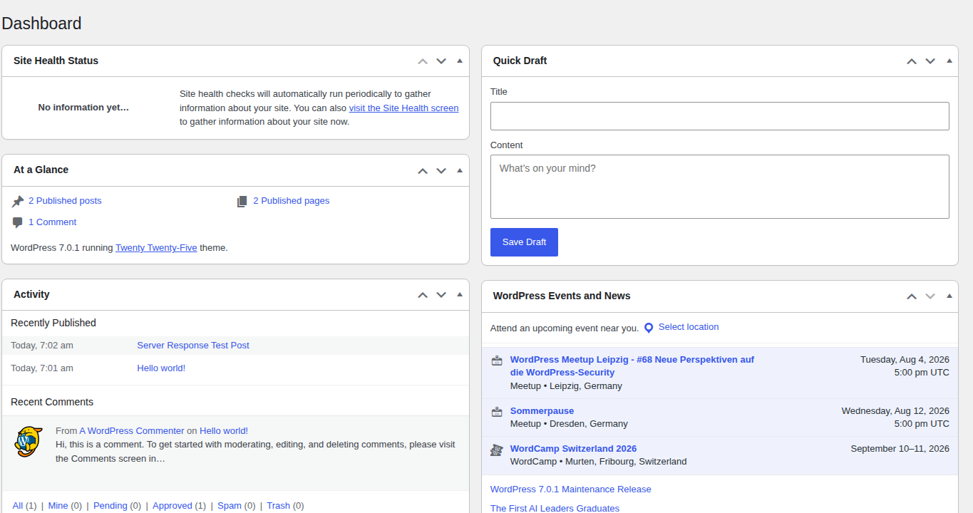 WordPress dashboard as an example of a dynamic uncached surface