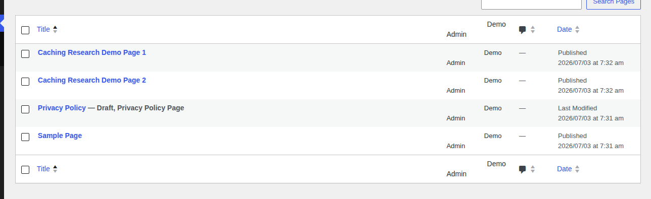 WordPress pages list for cache-sensitive page review