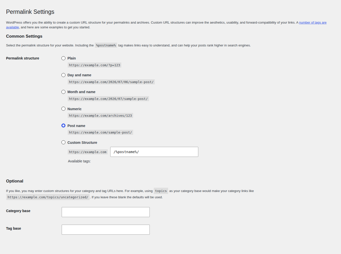 WordPress permalink settings with post name structure selected