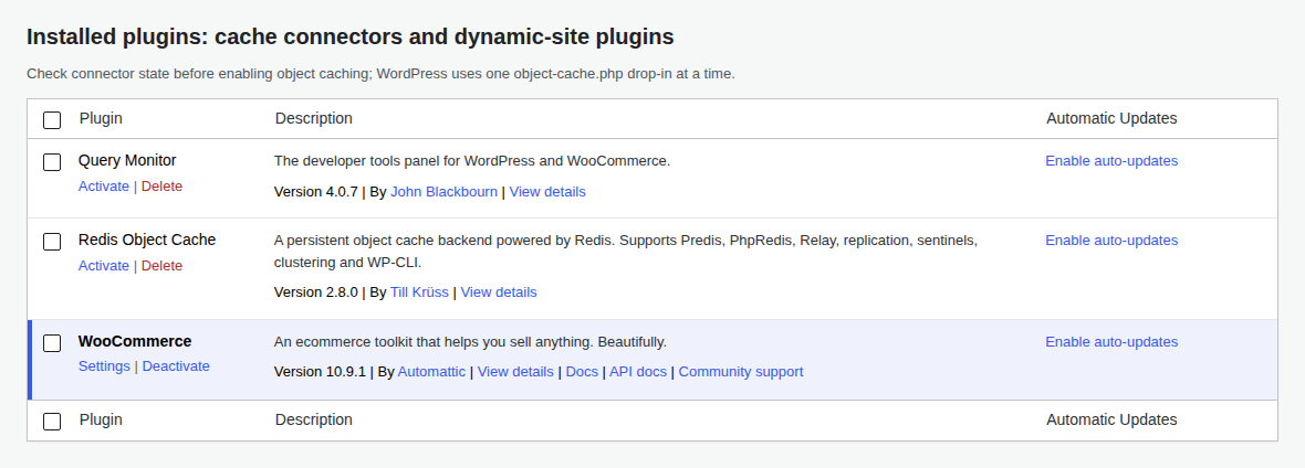 WordPress plugins screen with cache-related plugins
