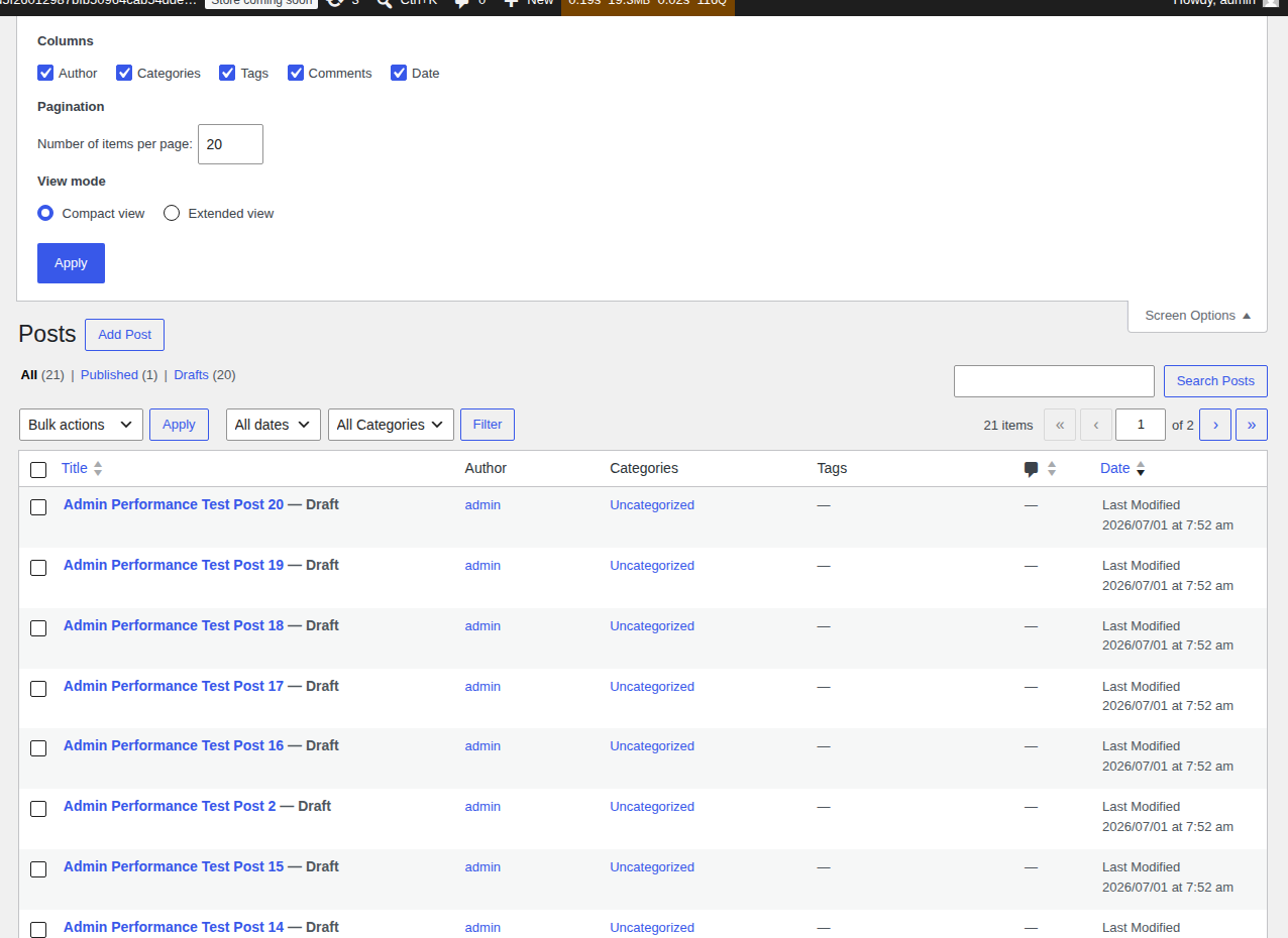 WordPress Posts list with Screen Options open for list-table troubleshooting