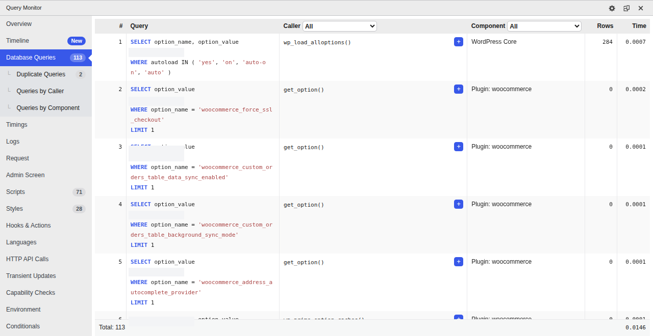 Query Monitor database queries panel for a WordPress admin request