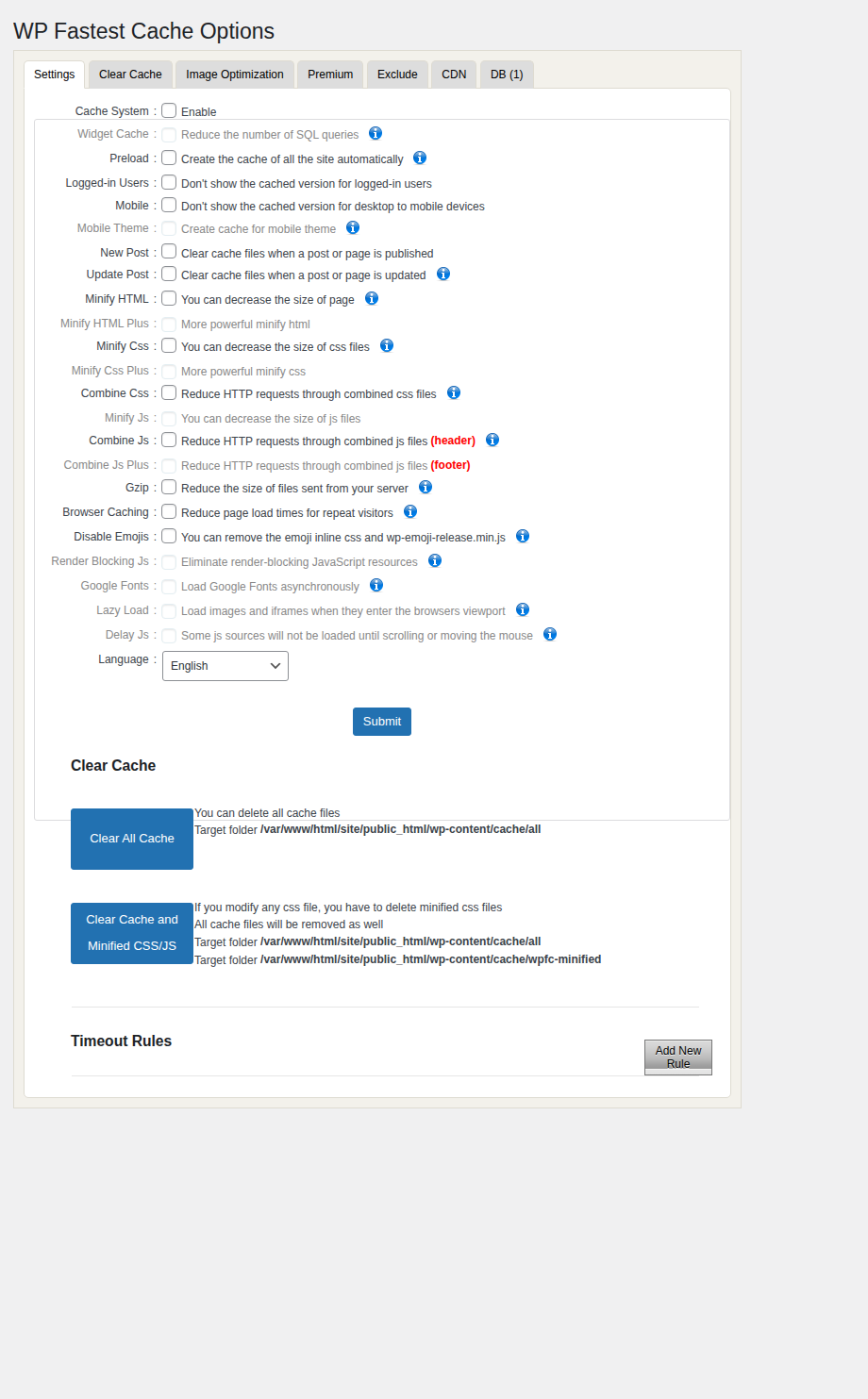 WP Fastest Cache main settings with checkbox options